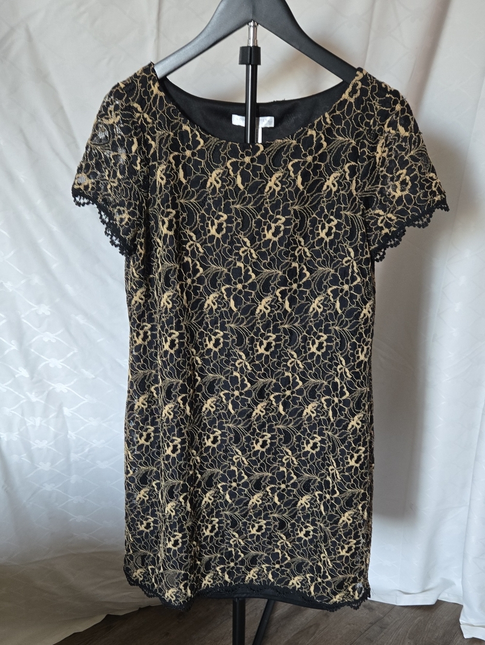 London Times Black Dress with Gold Floral Lace